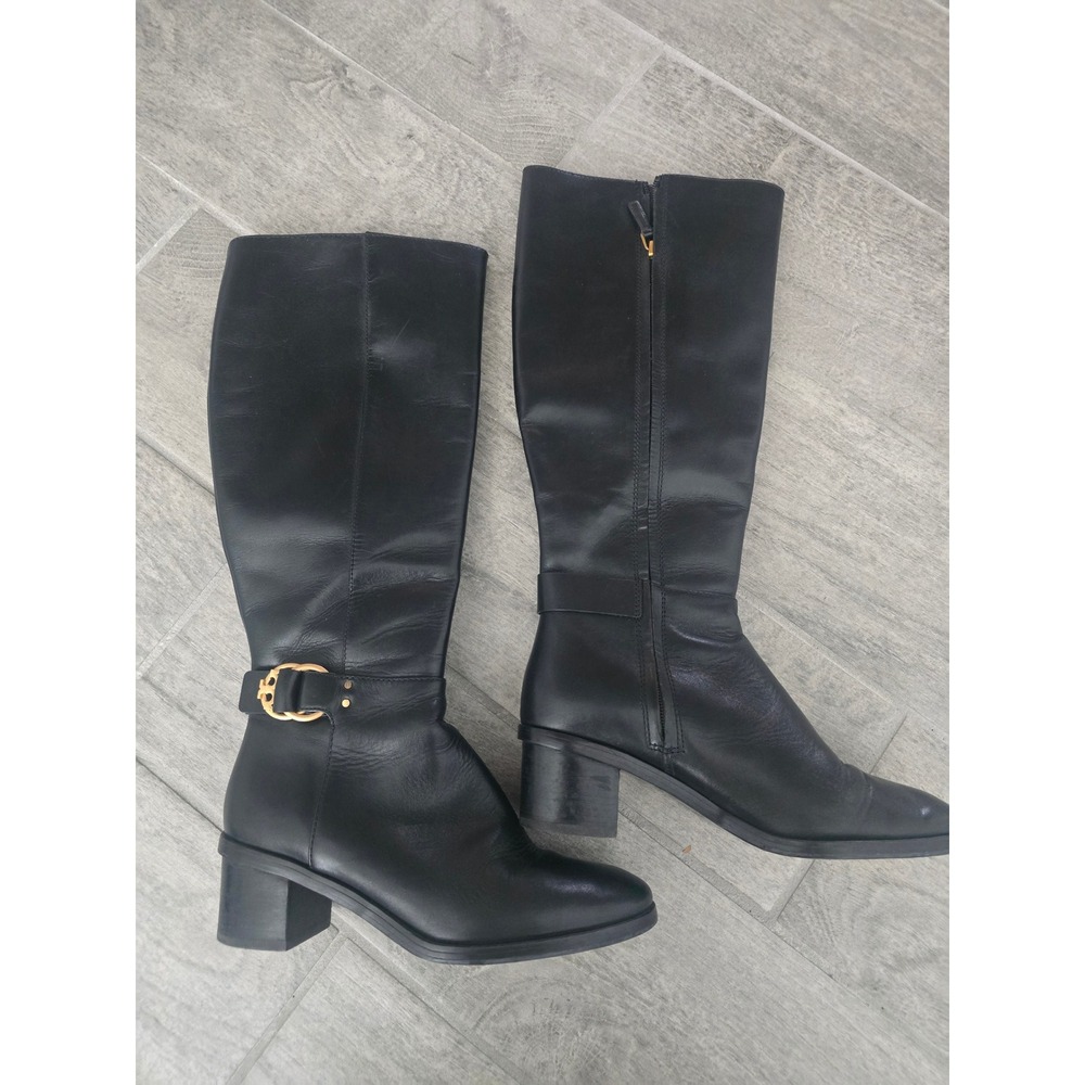 Tory Burch Marsden Black Leather Knee High Block Heel Boots Gold Logo Buckle 7.5